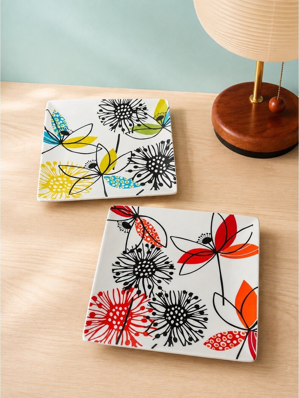 Crate & Barrel 2000s 2 Square Plates Modern Flower Multicolor Porcelain, 8x8”